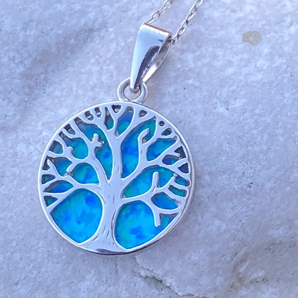 Tree of Life Pendant Necklace .925 Sterling Silver with faux blue opal - Picture 2 of 7